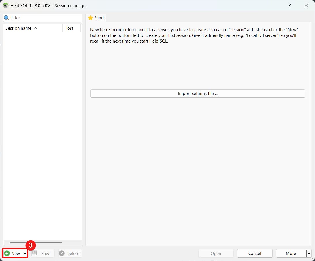 HeidiSQL new session screenshot