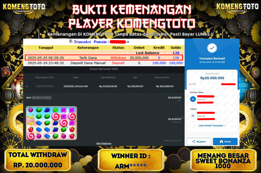 LAGI & LAGI!! KEMENANGAN BESAR DI SLOT SWEET BONANZA 1000  SEBESAR Rp.20.000.000 KOMENGTOTO BAYAR LUNAS SECEPAT KILAT !! KOMENGTOTO BAYAR SECEPAT KILAT !!