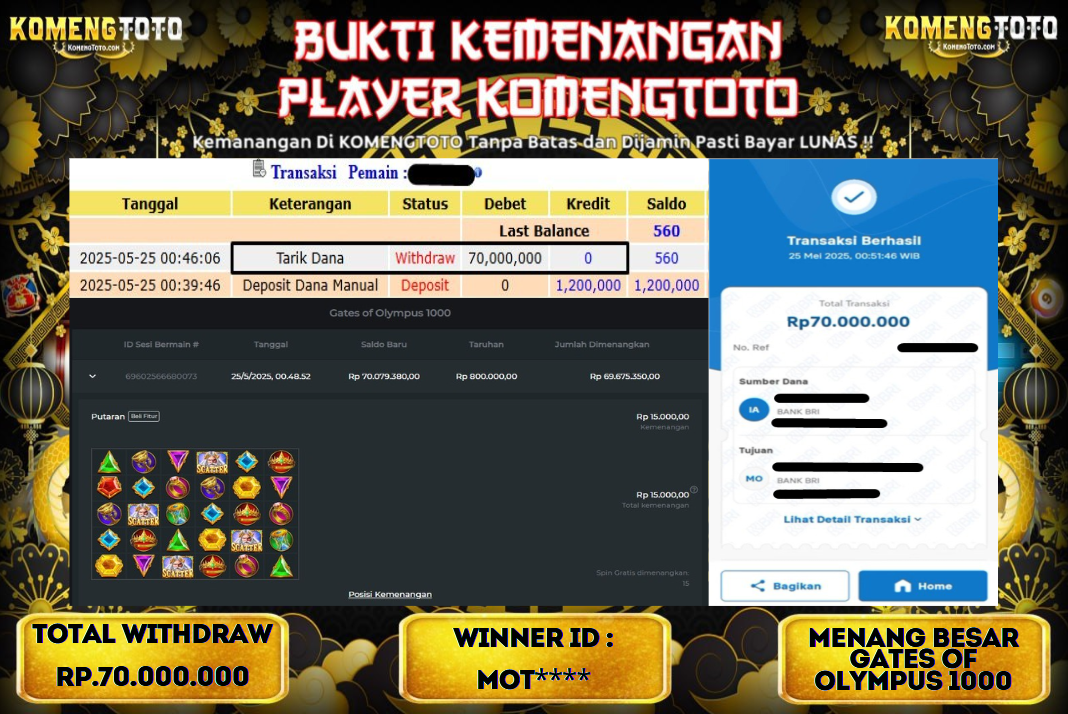 LAGI & LAGI!! KEMENANGAN BESAR DI SLOT GATES OF OLYMPYUS 1000  SEBESAR Rp.70.000.000 KOMENGTOTO BAYAR LUNAS SECEPAT KILAT !! KOMENGTOTO BAYAR SECEPAT KILAT !!