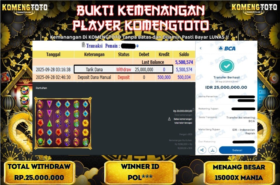 LAGI & LAGI!! KEMENANGAN BESAR DI SLOT 15000X MANIA SEBESAR Rp.25.000.000 KOMENGTOTO BAYAR LUNAS SECEPAT KILAT !! KOMENGTOTO BAYAR SECEPAT KILAT !!