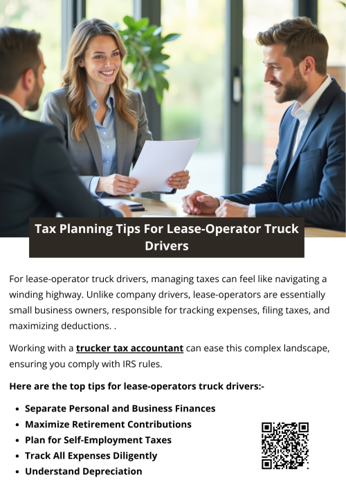 Lease-operator truck drivers can benefit from strategic tax planning to maximize deductions and reduce liabilities. Proper record-keeping, mileage tracking, and understanding allowable expenses are essential. Partnering with an experienced trucker tax accountant helps drivers optimize tax savings, stay compliant, and manage finances efficiently, providing peace of mind and better control over their income and business expenses. To know more visit here https://www.truckersprocpa.ca/trucking-accounting-services