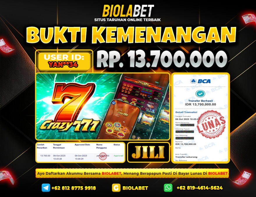 BIOLABET JACKPOT Jili Rp.13.700.000.,- LUNAS