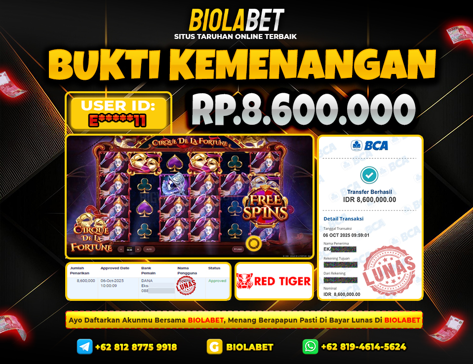 BIOLABET JACKPOT Red Tiger Rp.8.600.000.,- LUNAS