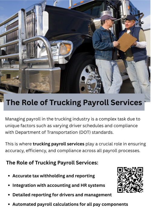 Managing payroll for truck drivers involves handling bonuses, advances, and per diems accurately and efficiently. Proper payroll systems ensure timely payments, compliance, and clear record-keeping. Partnering with experts offering trucking payroll services helps companies automate calculations, track expenses, and manage driver compensation effectively, improving satisfaction, reducing errors, and streamlining financial operations for both drivers and employers. To know more visit here https://www.truckersprocpa.ca/trucking-payroll-services