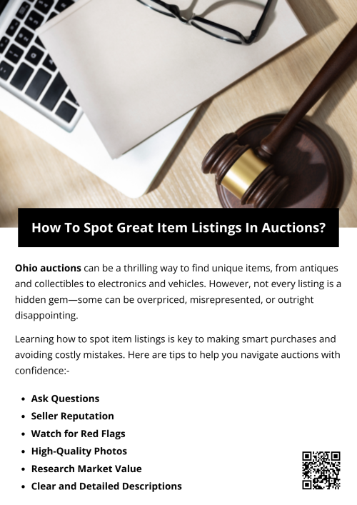 By focusing on detailed descriptions, high-quality images, seller reputation, market research, and scrutiny for red flags, you can identify great Ohio auction listings that are worth your investment. The key is patience and informed decision-making—smart bidders know that preparation before placing a bid often determines the difference between a successful purchase and a regrettable one. To know more visit here https://www.wyethauctions.com/