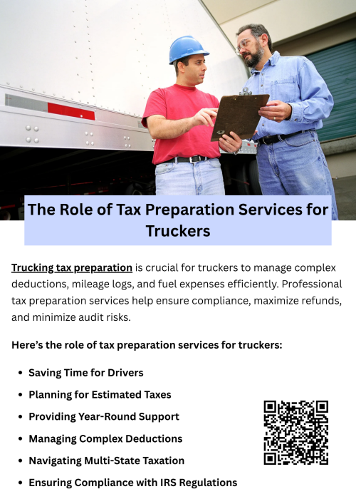 Trucking tax preparation is crucial for truckers to manage complex deductions, mileage logs, and fuel expenses efficiently. Professional tax preparation services help ensure compliance, maximize refunds, and minimize audit risks. By leveraging expertise in industry-specific rules, truckers can focus on their routes while maintaining accurate records and optimizing their financial outcomes. To know more visit here https://www.truckersprocpa.ca/trucking-tax-planning-preparation-services