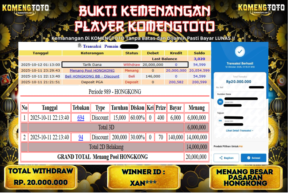 LAGI & LAGI!! KEMENANGAN BESAR DI PASARAN HONGKONG  SEBESAR Rp.20.000.000 KOMENGTOTO BAYAR LUNAS SECEPAT KILAT !! KOMENGTOTO BAYAR SECEPAT KILAT !!