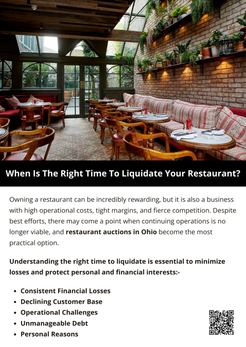 The right time to liquidate a restaurant is a combination of financial, operational, and personal considerations. Persistent losses, declining customers, unmanageable debt, operational challenges, personal circumstances, and unfavorable market trends all signal that it may be time to act. By monitoring these indicators and planning the liquidation process carefully—such as participating in a restaurant auction in Ohio—restaurant owners can minimize losses, recover asset value, and transition to new opportunities with minimal disruption. To know more visit here https://www.wyethauctions.com/industries/food-service-restaurant-equipment