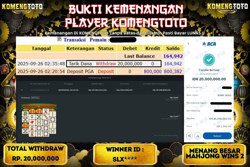LAGI & LAGI!! KEMENANGAN BESAR DI SLOT MAHJONG WINS 2 SEBESAR Rp.20.000.000 KOMENGTOTO BAYAR LUNAS SECEPAT KILAT !! KOMENGTOTO BAYAR SECEPAT KILAT !!