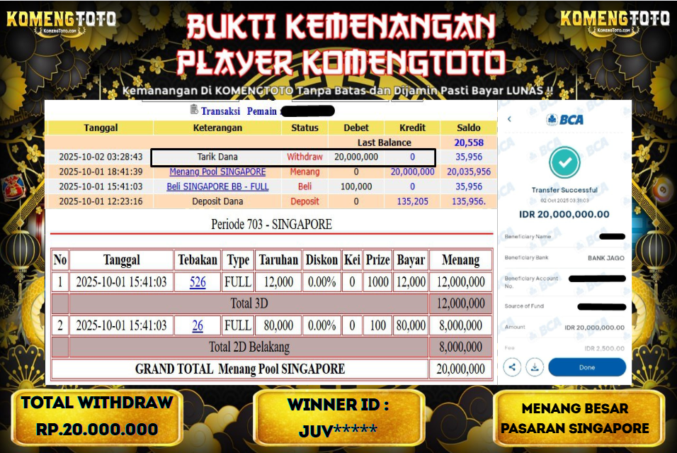 LAGI & LAGI!! KEMENANGAN BESAR DI PASARAN SINGAPORE SEBESAR Rp.20.000.000 KOMENGTOTO BAYAR LUNAS SECEPAT KILAT !! KOMENGTOTO BAYAR SECEPAT KILAT !!