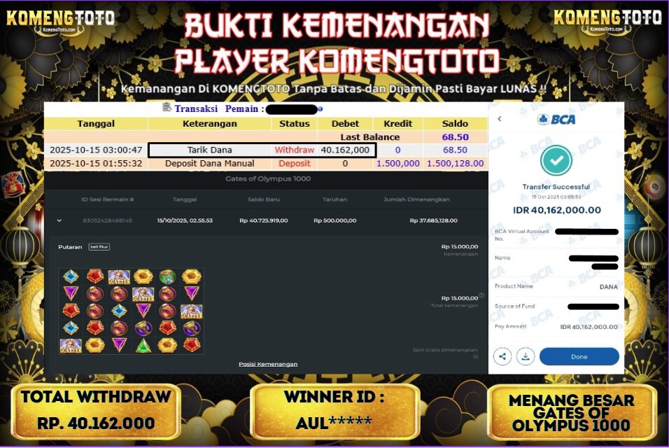 LAGI & LAGI!! KEMENANGAN BESAR DI SLOT GATES OF OLYMPUS 1000 SEBESAR Rp.40.162.000 KOMENGTOTO BAYAR LUNAS SECEPAT KILAT !! KOMENGTOTO BAYAR SECEPAT KILAT !!