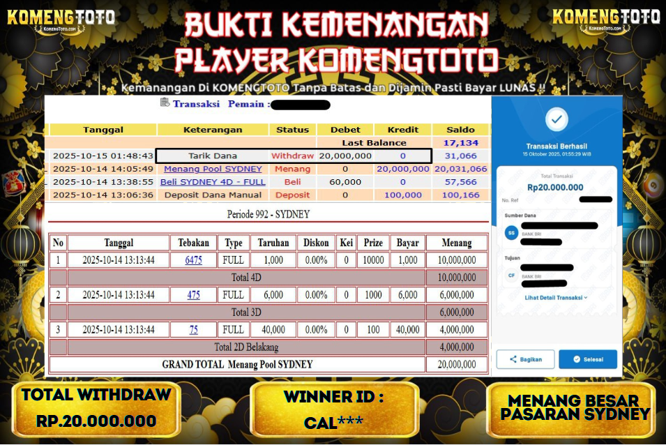 LAGI & LAGI!! KEMENANGAN BESAR DI PASARAN SYDNEY SEBESAR Rp.20.000.000 KOMENGTOTO BAYAR LUNAS SECEPAT KILAT !! KOMENGTOTO BAYAR SECEPAT KILAT !!