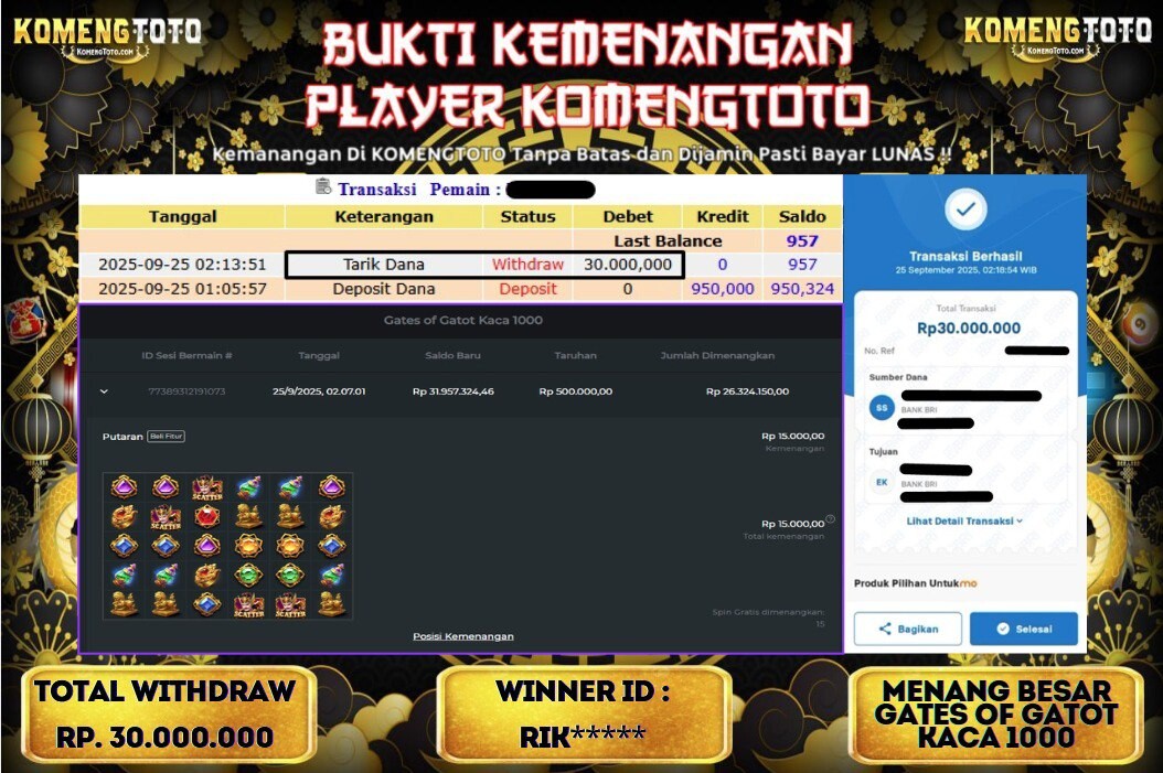 LAGI & LAGI!! KEMENANGAN BESAR DI SLOT GATES OF GATOT KACA 1000  SEBESAR Rp.30.000.000 KOMENGTOTO BAYAR LUNAS SECEPAT KILAT !! KOMENGTOTO BAYAR SECEPAT KILAT !!