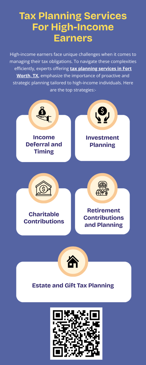 High-income earners face complex tax challenges that require careful planning to minimize liabilities and maximize savings. Strategic tax management includes analyzing deductions, investments, and retirement planning. Partnering with professional tax planning services in Fort Worth, TX, provides personalized guidance, ensuring compliance, optimizing financial strategies, and helping high-income individuals preserve wealth while achieving long-term financial goals. To know more visit here   https://www.alignedwealthadv.com/tax-planning-fort-worth-tx