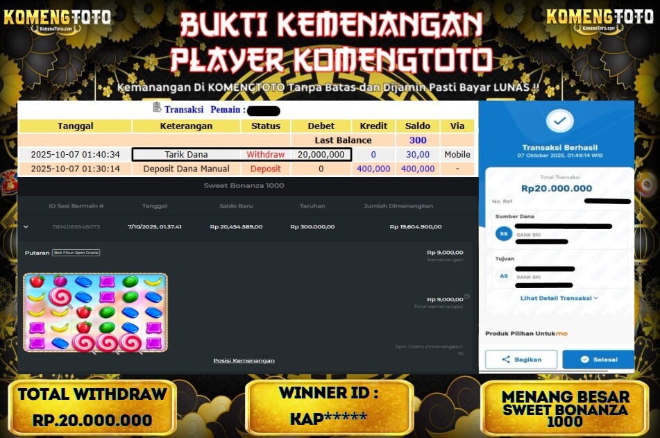 LAGI & LAGI!! KEMENANGAN BESAR DI SLOT SWEET BONANZA 1000   SEBESAR Rp.20.000.000 KOMENGTOTO BAYAR LUNAS SECEPAT KILAT !! KOMENGTOTO BAYAR SECEPAT KILAT !!
