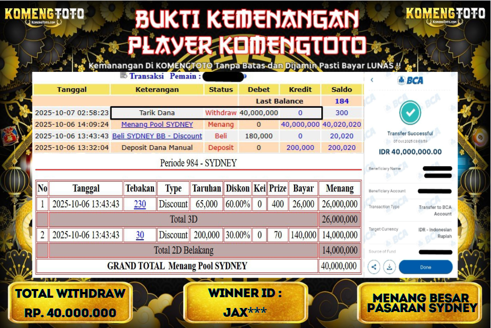 LAGI & LAGI!! KEMENANGAN BESAR DI PASARAN SYDNEY  SEBESAR Rp.40.000.000 KOMENGTOTO BAYAR LUNAS SECEPAT KILAT !! KOMENGTOTO BAYAR SECEPAT KILAT !!