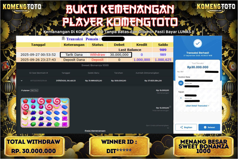 LAGI & LAGI!! KEMENANGAN BESAR DI SLOT SWEET BONANZA 1000 SEBESAR Rp.30.000.000 KOMENGTOTO BAYAR LUNAS SECEPAT KILAT !! KOMENGTOTO BAYAR SECEPAT KILAT !!