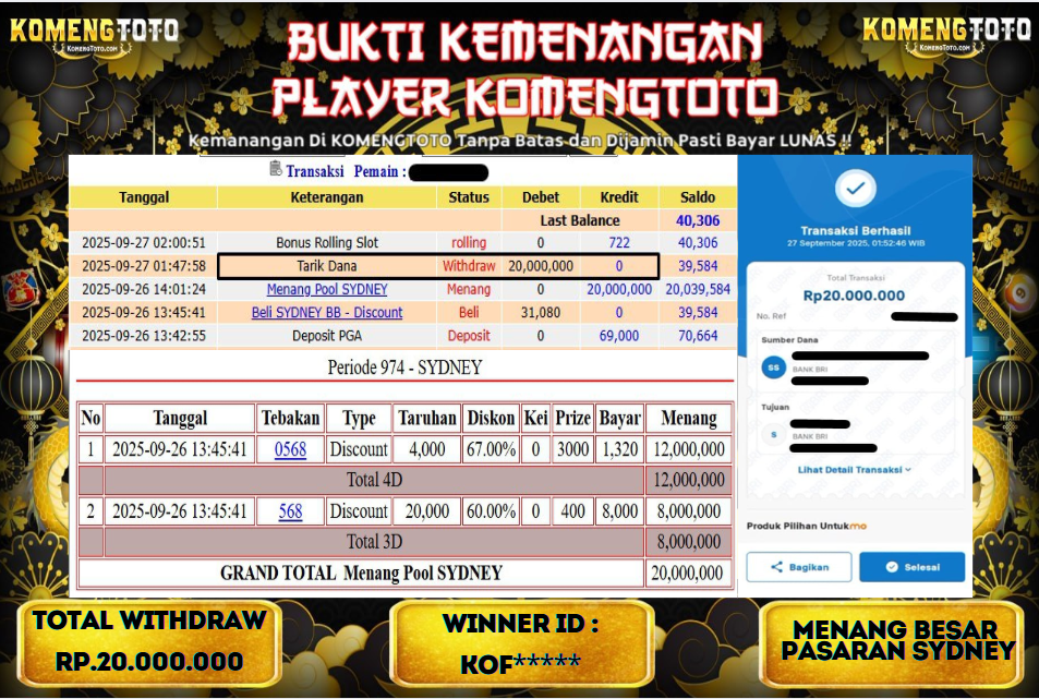 LAGI & LAGI!! KEMENANGAN BESAR DI PASARAN SYDNEY  SEBESAR Rp.20.000.000 KOMENGTOTO BAYAR LUNAS SECEPAT KILAT !! KOMENGTOTO BAYAR SECEPAT KILAT !!