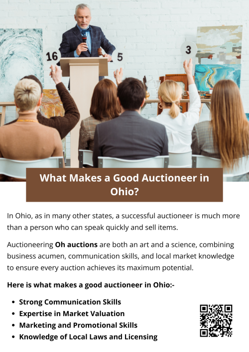 A good auctioneer in Ohio blends professionalism, clear communication, and market knowledge to drive successful sales. They understand bidder psychology, create excitement, and maintain transparency throughout the process. With experience in OH auctions, the best auctioneers ensure fair pricing, legal compliance, and smooth transactions—helping both buyers and sellers achieve the best possible outcomes. To know more visit here https://www.wyethauctions.com/