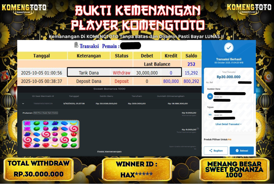 LAGI & LAGI!! KEMENANGAN BESAR DI SLOT SWEET BONANZA 1000   SEBESAR Rp.30.000.000 KOMENGTOTO BAYAR LUNAS SECEPAT KILAT !! KOMENGTOTO BAYAR SECEPAT KILAT !!