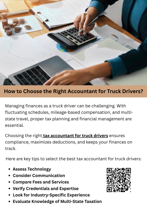 Choosing the right accountant is essential for truck drivers to manage taxes efficiently. A knowledgeable tax accountant for truck drivers understands mileage deductions, per diem rules, and income variations. They help maximize refunds, ensure compliance, and simplify record-keeping. Partnering with the right professional provides peace of mind, accurate filings, and optimized financial management for drivers on the road. To know more visit here https://www.truckersprocpa.ca/trucking-accounting-services
