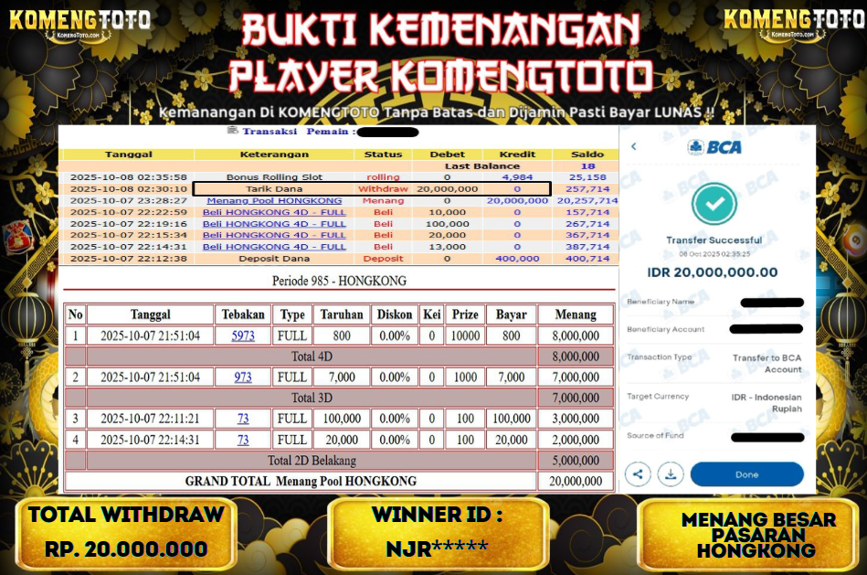 LAGI & LAGI!! KEMENANGAN BESAR DI PASARAN HONGKONG SEBESAR Rp.20.000.000 KOMENGTOTO BAYAR LUNAS SECEPAT KILAT !! KOMENGTOTO BAYAR SECEPAT KILAT !!