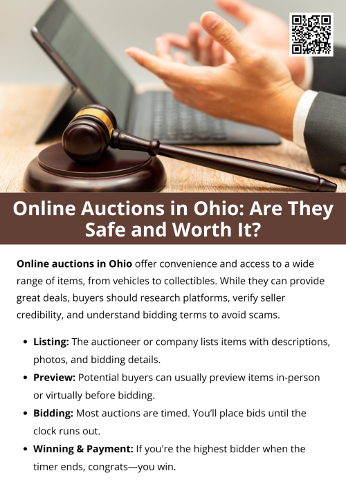 Online auctions in Ohio offer convenience and access to a wide range of items, from vehicles to collectibles. While they can provide great deals, buyers should research platforms, verify seller credibility, and understand bidding terms to avoid scams. Overall, ohio auction online platforms are generally safe and worthwhile when approached with caution and informed decisions. To know more visit here https://www.wyethauctions.com/