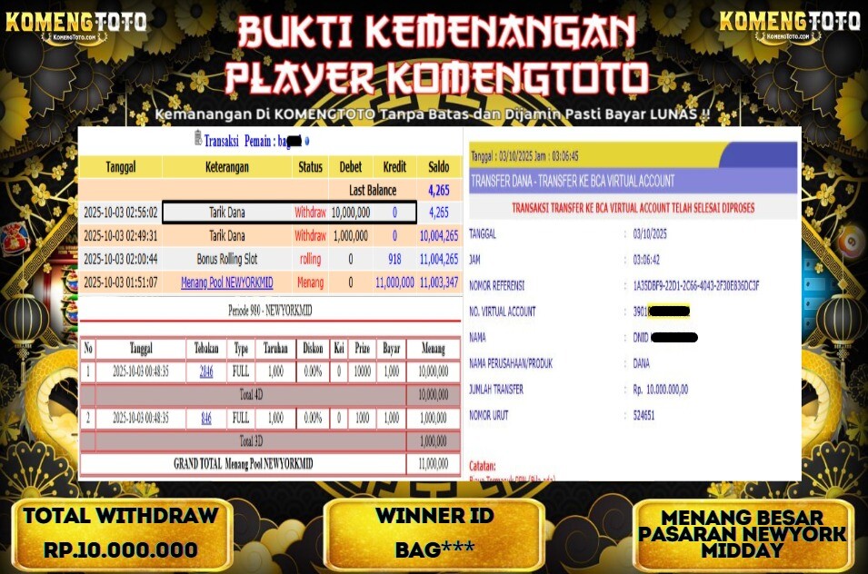 LAGI & LAGI!! KEMENANGAN BESAR DI PASARAN NEWYORK MIDDAY SEBESAR Rp.10.000.000 KOMENGTOTO BAYAR LUNAS SECEPAT KILAT !! KOMENGTOTO BAYAR SECEPAT KILAT !!