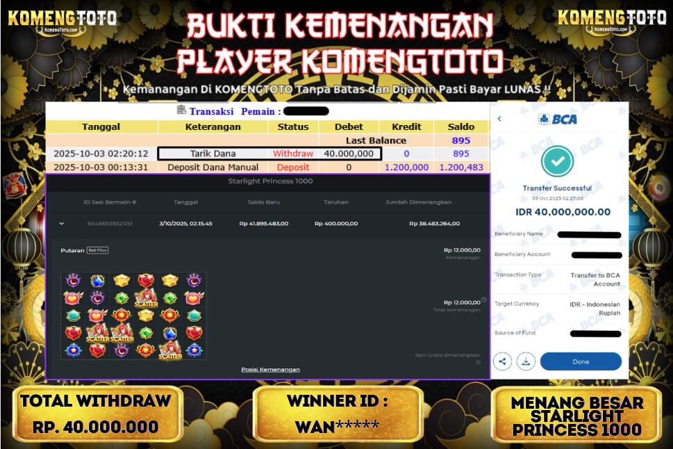 LAGI & LAGI!! KEMENANGAN BESAR DI STARLIGHT PRINCESS 1000 SEBESAR Rp.40.000.000 KOMENGTOTO BAYAR LUNAS SECEPAT KILAT !! KOMENGTOTO BAYAR SECEPAT KILAT !!