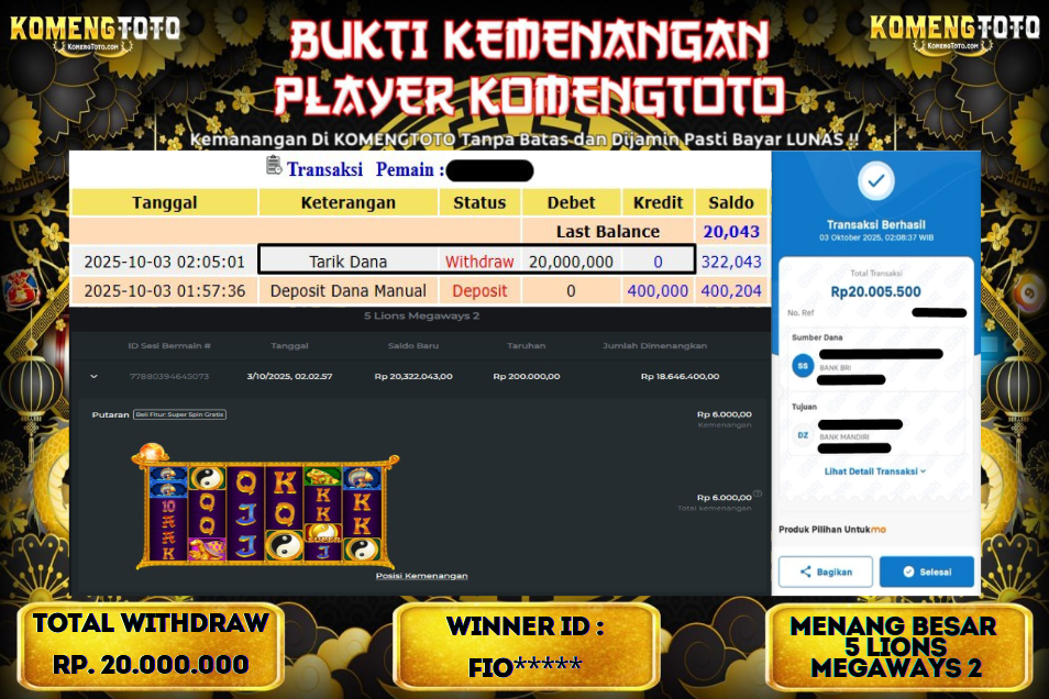 LAGI & LAGI!! KEMENANGAN BESAR DI SLOT 5 LIONS MEGAWAYS 2 SEBESAR Rp.20.000.000 KOMENGTOTO BAYAR LUNAS SECEPAT KILAT !! KOMENGTOTO BAYAR SECEPAT KILAT !!
