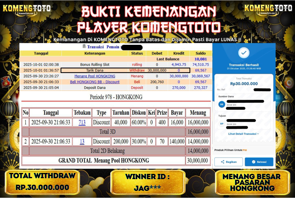 LAGI & LAGI!! KEMENANGAN BESAR DI PASARAN HONGKONG SEBESAR Rp.30.000.000 KOMENGTOTO BAYAR LUNAS SECEPAT KILAT !! KOMENGTOTO BAYAR SECEPAT KILAT !!
