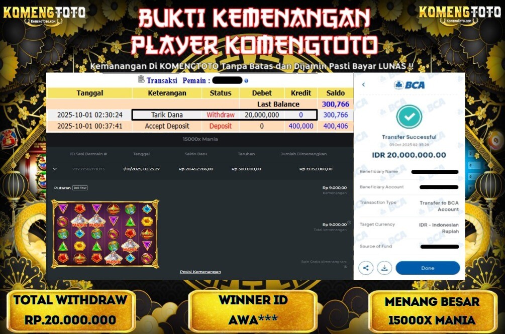 LAGI & LAGI!! KEMENANGAN BESAR DI SLOT 15000X MANIA Sebesar Rp.20.000.000 KOMENGTOTO BAYAR LUNAS SECEPAT KILAT !! KOMENGTOTO BAYAR SECEPAT KILAT !!