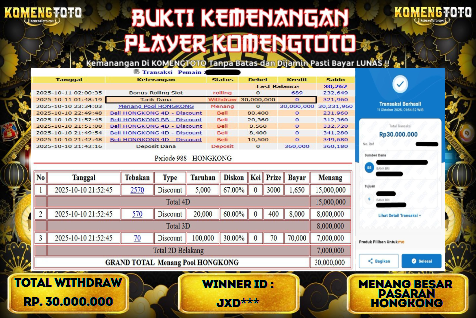 LAGI & LAGI!! KEMENANGAN BESAR DI PASARAN HONGKONG  SEBESAR Rp.30.000.000 KOMENGTOTO BAYAR LUNAS SECEPAT KILAT !! KOMENGTOTO BAYAR SECEPAT KILAT !!