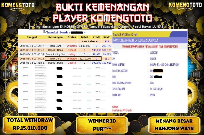 LAGI & LAGI!! KEMENANGAN BESAR DI SLOT MAHJONG WAYS  SEBESAR Rp.15.010.000 KOMENGTOTO BAYAR LUNAS SECEPAT KILAT !! KOMENGTOTO BAYAR SECEPAT KILAT !!