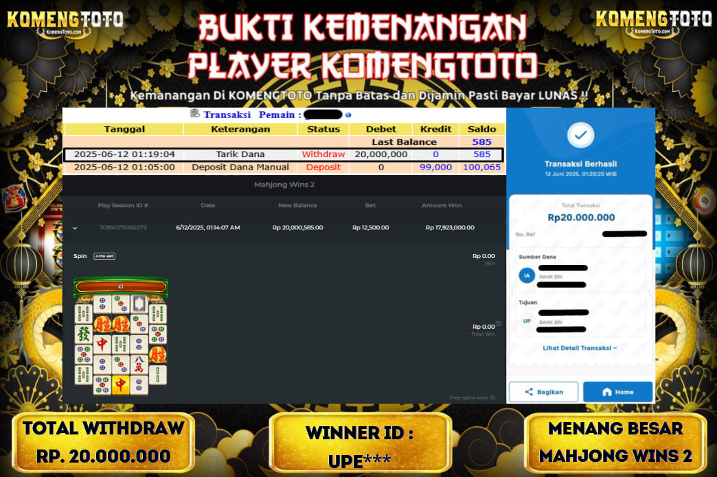 LAGI & LAGI!! KEMENANGAN BESAR DI SLOT MAHJONG WINS 2  SEBESAR Rp.20.000.000 KOMENGTOTO BAYAR LUNAS SECEPAT KILAT !! KOMENGTOTO BAYAR SECEPAT KILAT !!