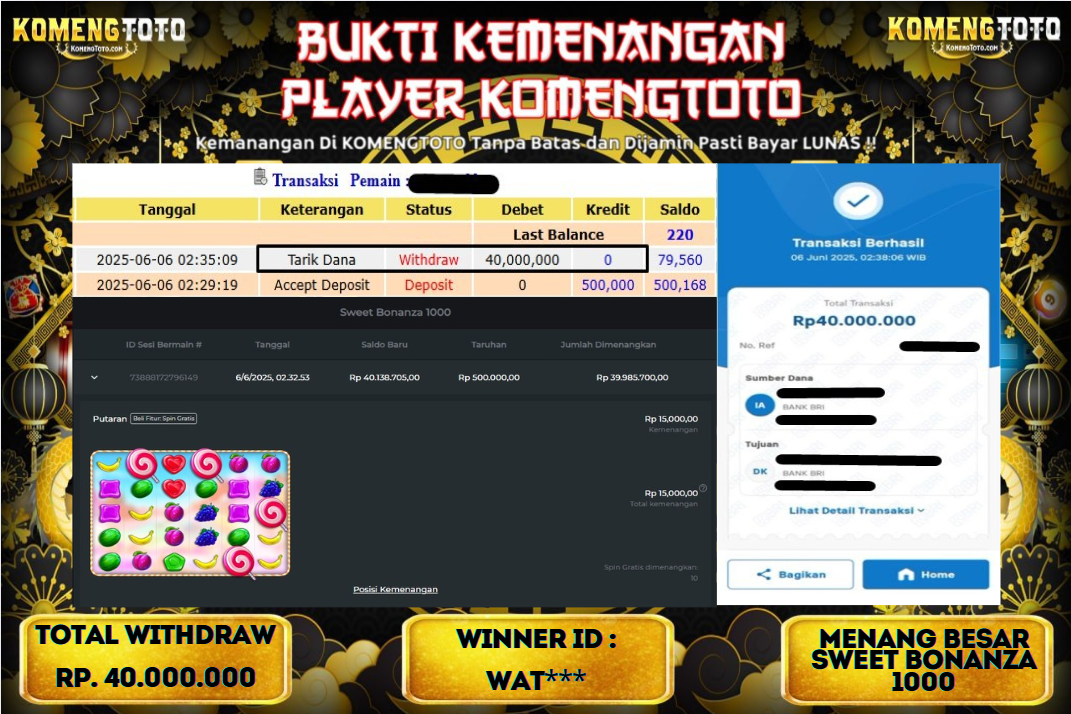 LAGI & LAGI!! KEMENANGAN BESAR DI  SLOT SWEET BONANZA 1000 SEBESAR Rp.40.000.000 KOMENGTOTO BAYAR LUNAS SECEPAT KILAT !! KOMENGTOTO BAYAR SECEPAT KILAT !!
