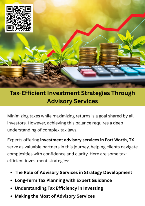 Tax-efficient investment strategies are not about avoiding taxes but about managing them wisely to enhance returns. With the guidance of professionals, investors can take advantage of legal opportunities to save money while still working toward their long-term financial goals. Experts offering investment advisory services in Fort Worth, TX serve as valuable partners in this journey, helping clients navigate complexities with confidence and clarity. To know more visit here https://www.alignedwealthadv.com/
