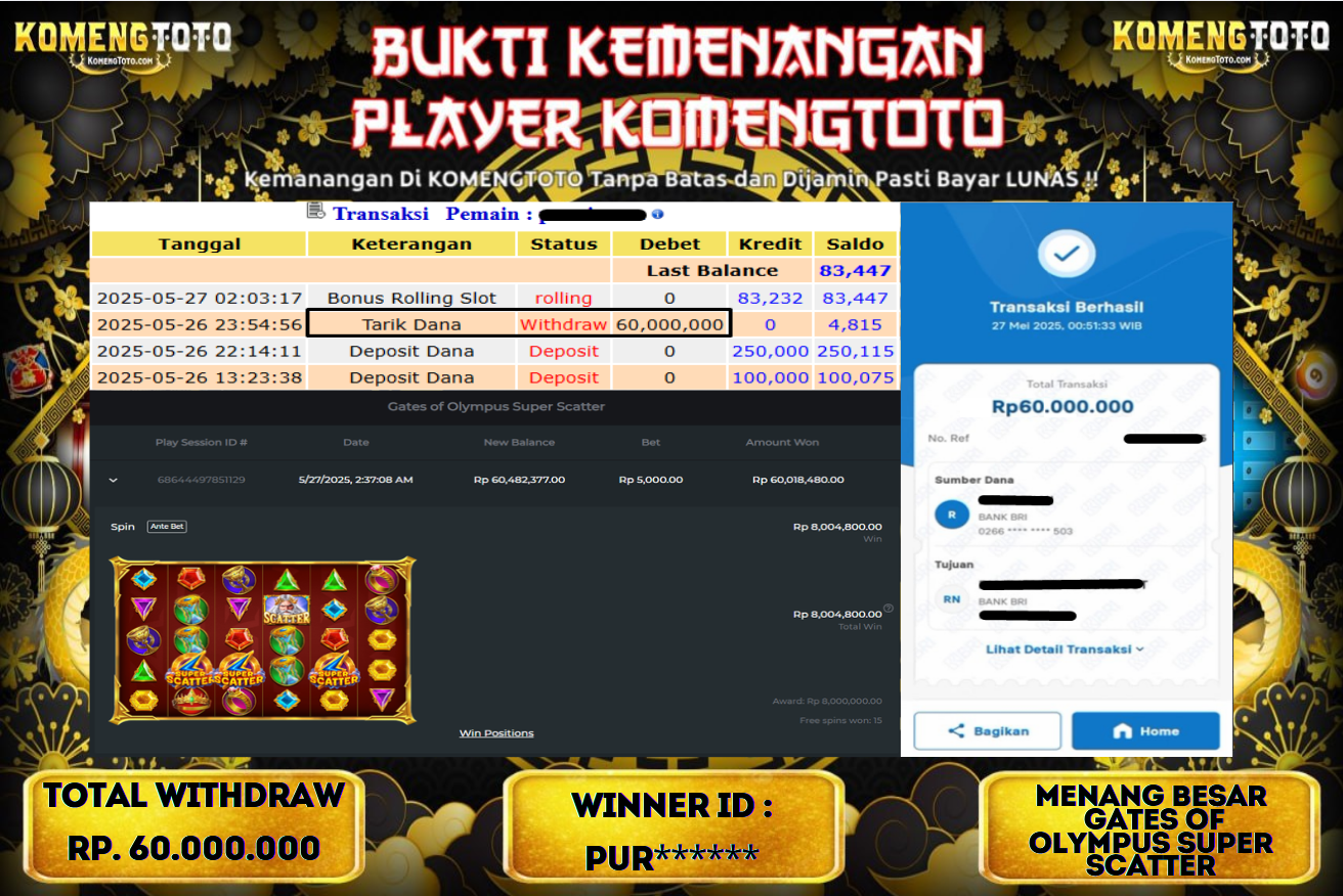 LAGI & LAGI!! KEMENANGAN BESAR DI SLOT GATES OF OLYMPUS SUPER SCATTER  SEBESAR Rp.60.000.000 KOMENGTOTO BAYAR LUNAS SECEPAT KILAT !! KOMENGTOTO BAYAR SECEPAT KILAT !!