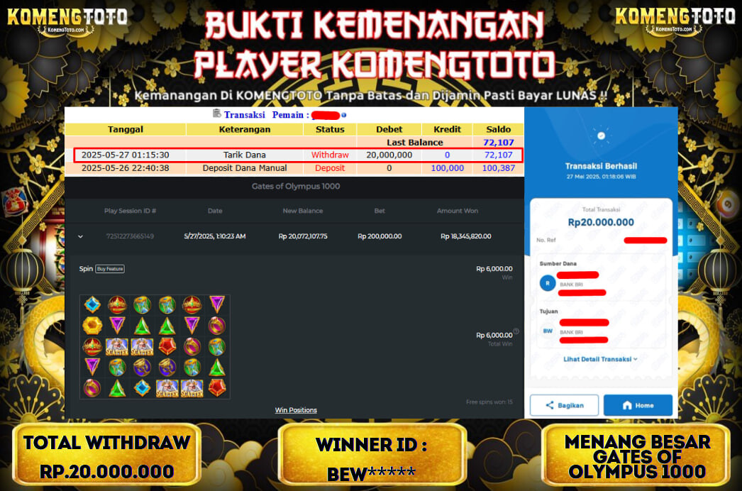 LAGI & LAGI!! KEMENANGAN BESAR DI SLOT  GATES OF OLYMPUS 1000  SEBESAR Rp.20.000.000 KOMENGTOTO BAYAR LUNAS SECEPAT KILAT !! KOMENGTOTO BAYAR SECEPAT KILAT !!