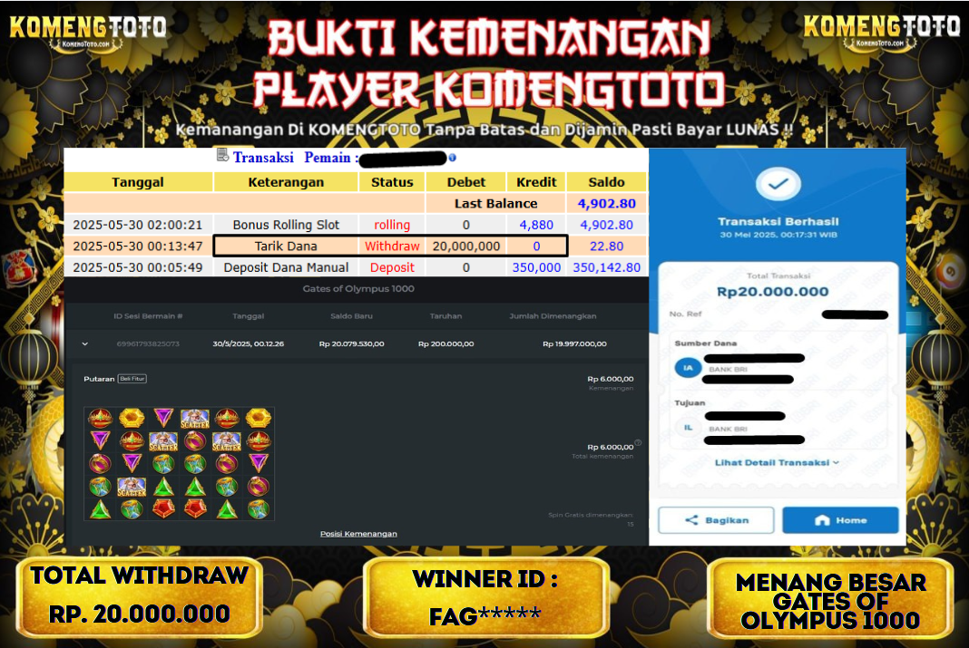 LAGI & LAGI!! KEMENANGAN BESAR DI SLOT GATES OF OLYMPYUS 1000  SEBESAR Rp.20.000.000 KOMENGTOTO BAYAR LUNAS SECEPAT KILAT !! KOMENGTOTO BAYAR SECEPAT KILAT !!