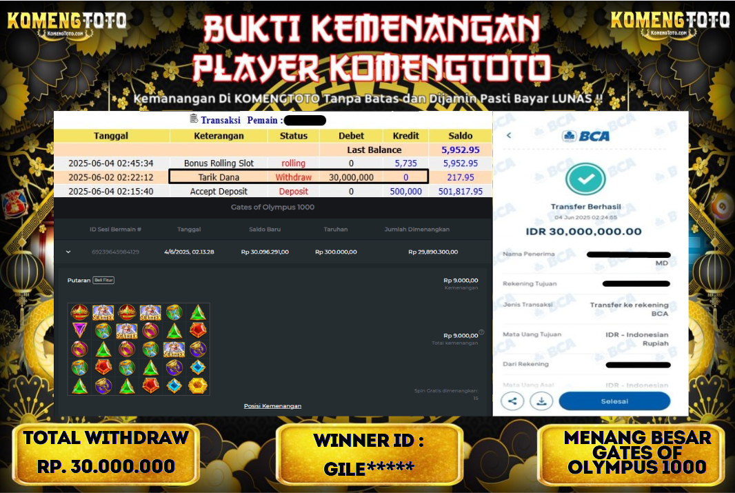 LAGI & LAGI!! KEMENANGAN BESAR DI SLOT GATES OF OLYMPYUS 1000  SEBESAR Rp.30.000.000 KOMENGTOTO BAYAR LUNAS SECEPAT KILAT !! KOMENGTOTO BAYAR SECEPAT KILAT !!