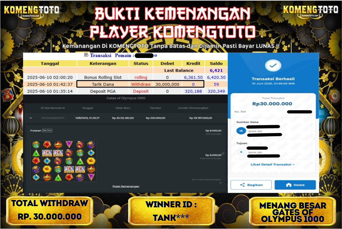 LAGI & LAGI!! KEMENANGAN BESAR DI SLOT GATES OF OLYMPYUS 1000  SEBESAR Rp.30.000.000 KOMENGTOTO BAYAR LUNAS SECEPAT KILAT !! KOMENGTOTO BAYAR SECEPAT KILAT !!