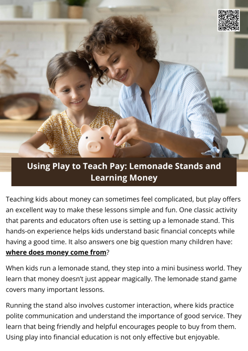 Incorporating play into financial education is not only effective but also enjoyable. The lemonade stand is a fun, engaging way for kids to learn where does money comes from, how it flows, and why it matters. By encouraging curiosity and hands-on learning, parents and educators can give children a strong foundation for future money management skills. To know more visit here https://inflationeducation.net/product/where-does-money-come-from/