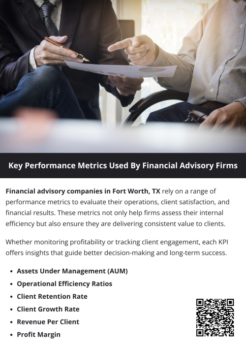 Financial advisory firms in Fort Worth, TX depend on a mix of quantitative and qualitative metrics to measure success. By monitoring indicators like AUM, revenue per client, retention rate, and operational efficiency, firms can identify strengths, address weaknesses, and refine their service strategies. These metrics not only help improve internal performance but also ensure that clients receive value-driven, goal-oriented financial guidance. To know more visit here https://www.alignedwealthadv.com/financial-planning-fort-worth-tx