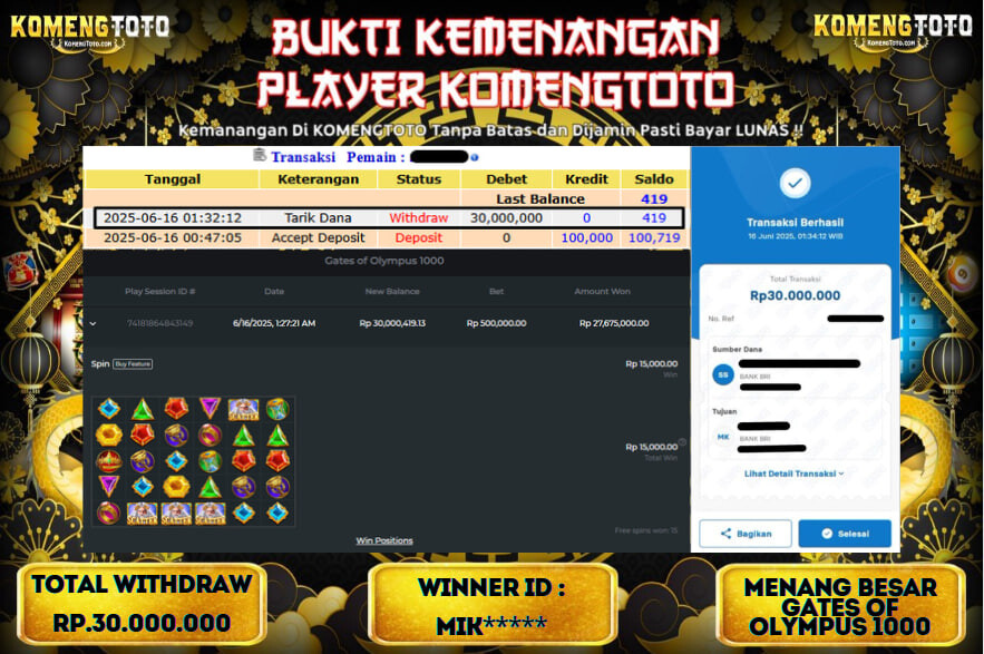 LAGI & LAGI!! KEMENANGAN BESAR DI SLOT  GATES OF OLYMPUS 1000  SEBESAR Rp.30.000.000 KOMENGTOTO BAYAR LUNAS SECEPAT KILAT !! KOMENGTOTO BAYAR SECEPAT KILAT !!