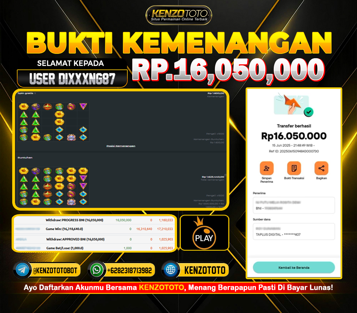 User DIXXXNG87 Menang Besar! Resmi Kantongi Rp 16.050.000 dari KENZOTOTO!