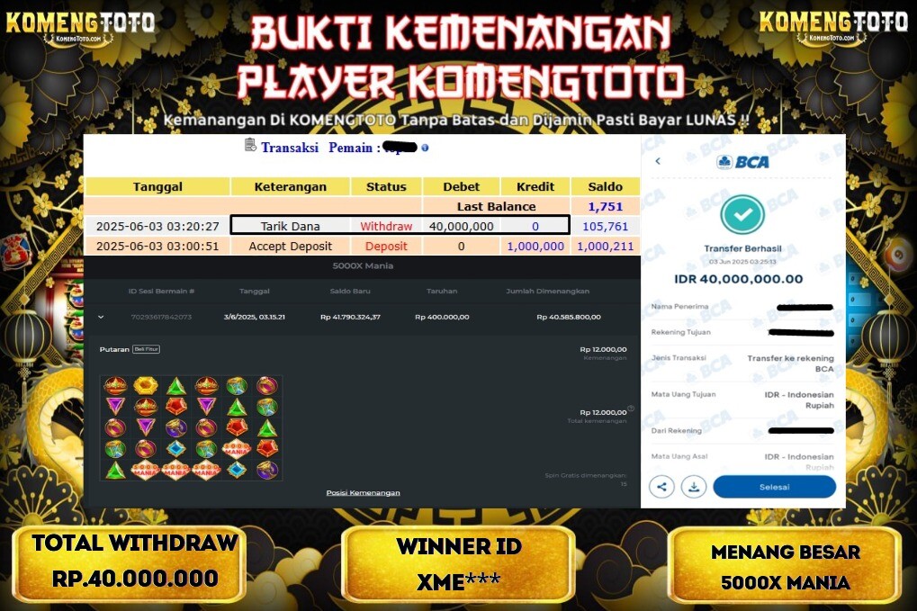 LAGI & LAGI!! KEMENANGAN BESAR DI SLOT 5000X MANIA SEBESAR Rp.40.000.000 KOMENGTOTO BAYAR LUNAS SECEPAT KILAT !! KOMENGTOTO BAYAR SECEPAT KILAT !!