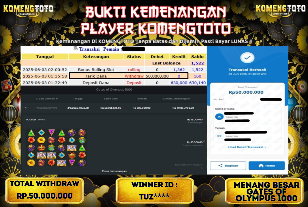 LAGI & LAGI!! KEMENANGAN BESAR DI SLOT GATES OF OLYMPYUS 1000  SEBESAR Rp.50.000.000 KOMENGTOTO BAYAR LUNAS SECEPAT KILAT !! KOMENGTOTO BAYAR SECEPAT KILAT !!