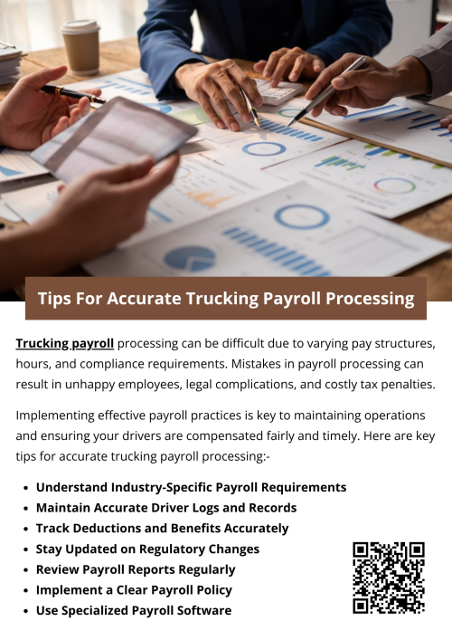 Accurate trucking payroll processing is vital for operational efficiency, legal compliance, and driver satisfaction. By using specialized software, keeping accurate logs, staying informed on regulations, and possibly outsourcing, trucking companies can ensure smooth and reliable payroll operations—ultimately supporting their growth and success. To know more visit here https://www.truckersprocpa.ca/trucking-payroll-services