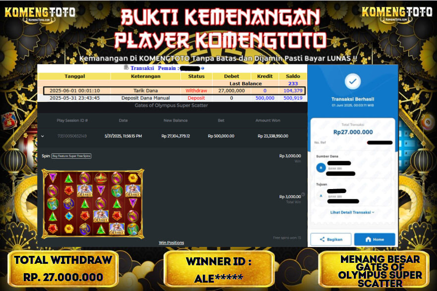 LAGI & LAGI!! KEMENANGAN BESAR DI SLOT GATES OF OLYMPUS SUPER SCATTER SEBESAR Rp.27.000.000 KOMENGTOTO BAYAR LUNAS SECEPAT KILAT !! KOMENGTOTO BAYAR SECEPAT KILAT !!